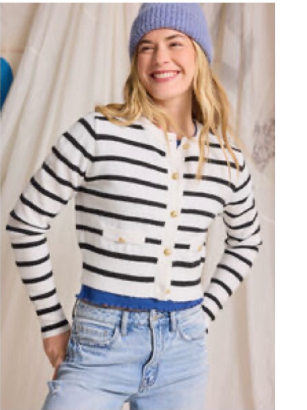 Altar'd State Black and White Striped Button-Front Cropped Cardigan